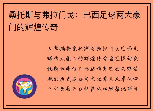 桑托斯与弗拉门戈：巴西足球两大豪门的辉煌传奇