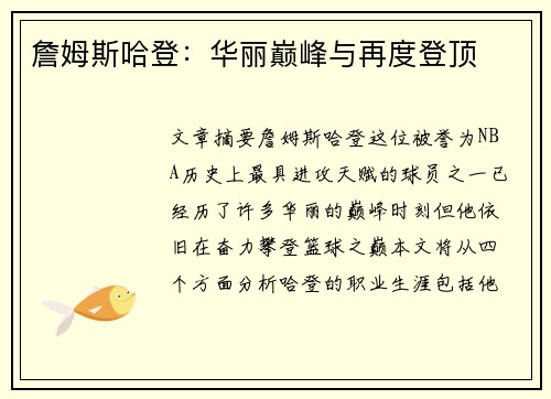 詹姆斯哈登：华丽巅峰与再度登顶